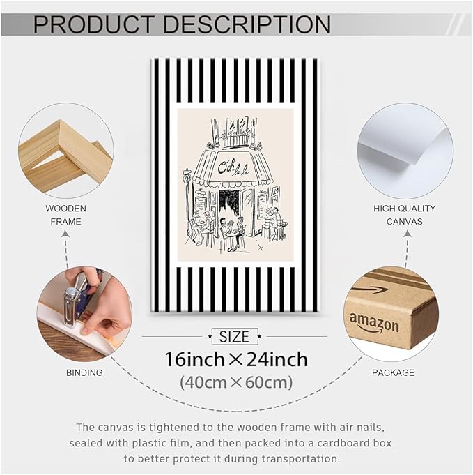 Black and White Stripe Sketch Wall Art French Paris Cafe Aesthetic Poster Funky Minimalist Canvas Prints 16X24 inch Framed for Kitchen Coffee Bedroom Wall Decor