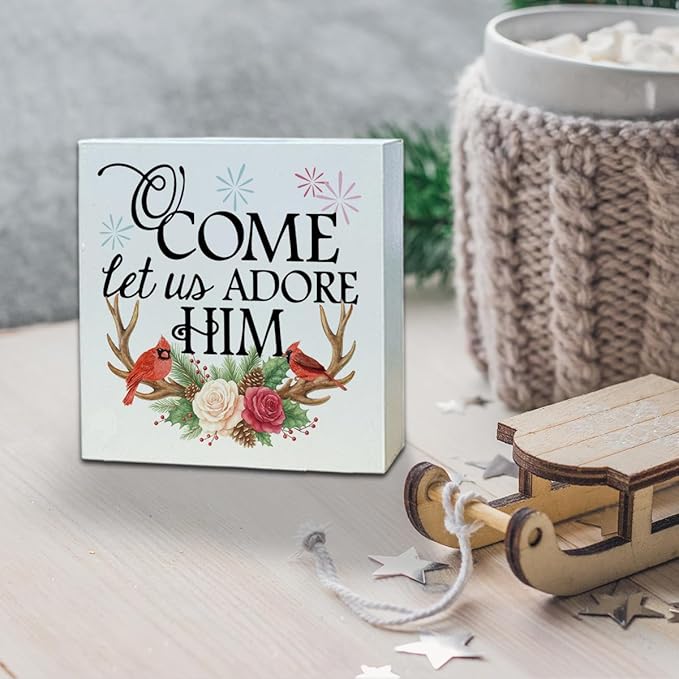 Christmas Wooden Desk Decor, Come Let Us Adore Him Wooden Box Sign, Cardinal Birds and Floral Antler Design, Christmas Home Plaque for Living Room Bedroom Decor 5x5 Inches