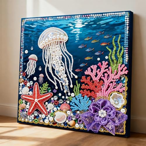 ARTopet DIY Pearl Painting Kit with Frame Gemstone Pearl Diamond Dots Beads Canvas Art Craft for Adult Beginners Display for Tabletop and Wall Mounting Home Decor-Jellyfish - Image 2