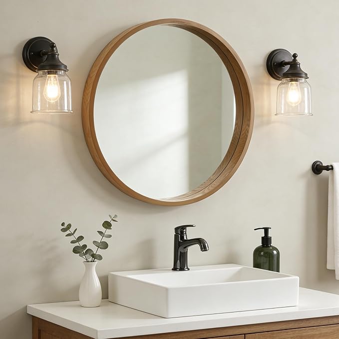 WallBeyond 28 Inch Natural Round Wood Mirror, Large Circle Wooden Frame Wall Mirror for Bathroom, Living Room, Bedroom, Entryway
