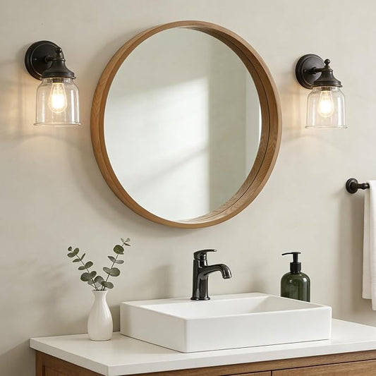 WallBeyond 28 Inch Natural Round Wood Mirror, Large Circle Wooden Frame Wall Mirror for Bathroom, Living Room, Bedroom, Entryway