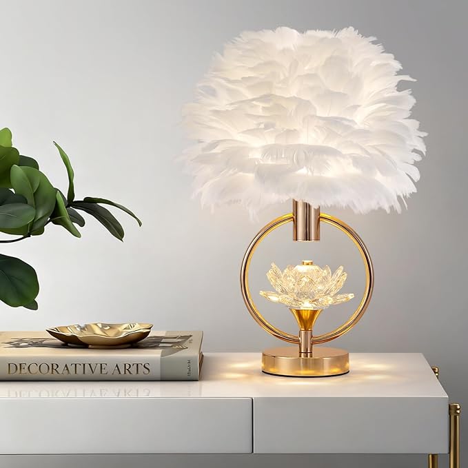 ZYLEIESENBAO Chic White Feather Lamp 17IN Modern Crystal Fluffy Table Lamp Cute Romantic Bedside Nightstand Light Nordic Desk Lamp for Girl Bedroom Living Room Entry Office Wedding Christmas Gift