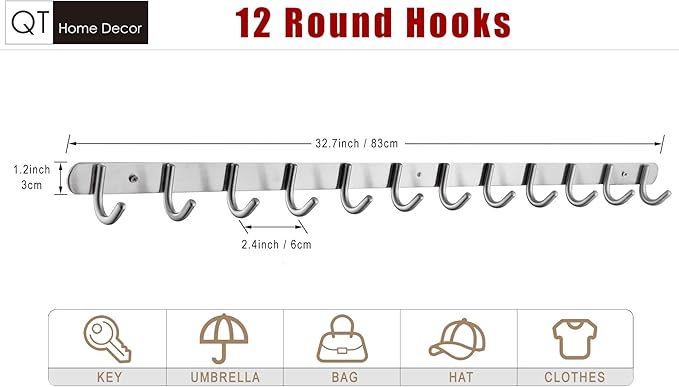 QT Home Decor Hook/Coat Rack with 12 Round Hooks-Modern Wall Mounted - Ultra Durable with Solid Steel Construction,Brushed Stainless Steel Finish,Super Easy Installation,Rust and Water Proof.