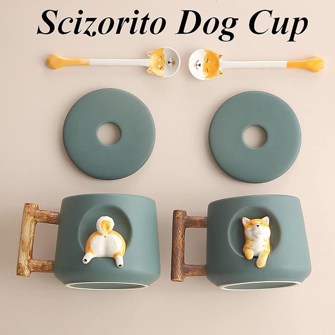 Cute Dog Couple Cup, Ceramic Coffee Mug with a Lid, Paws on the Top of the Spoon, Cute Shiba Lnu Three-dimensional Design, with Matte Texture, (420ML Black Head)