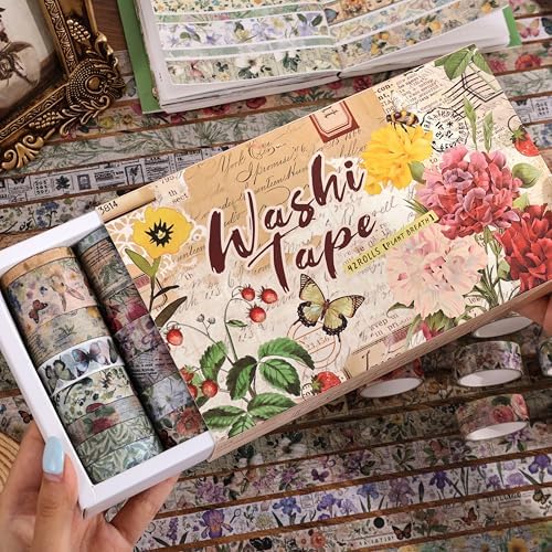 42 Rolls Vintage Washi Tape Set, Delicate Butterfly & Lush Floral Botanical Themed Writable Decorative Tapes with Retro Elements for Scrapbooking, Junk Journal Supplies, Bullet Journaling 5-25mm Wide - Image 3