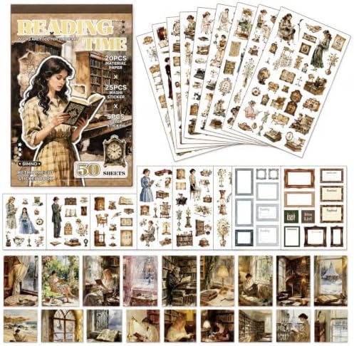 50 Sheets Precut Reading Journal Sticker Book, Vintage Scrapbook Kit by Dwpetzo
