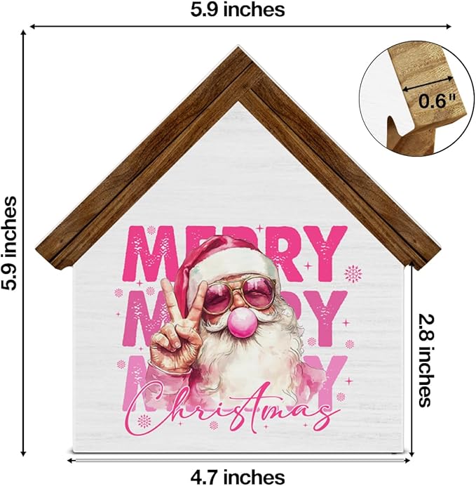 Pink Santa Christmas Decor, Funny Santa Blowing Bubble With Sunglasses House Shaped Wood Sign, Merry Christmas Home Decorations