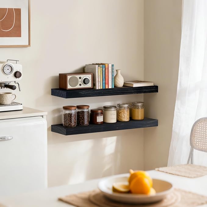 Floating Wall Shelves 24x6.8x1.7 Inch – Solid Wood Rustic Shelves in Black Finish – Wall Mounted Display Shelf for Bathroom, Kitchen, Bedroom – Set of 2