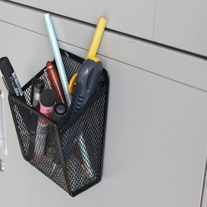 Mantouxixi 2 Pack Magnetic Pencil Pen Holder, Rectangle Metal Mesh Basket Storage Organizer with Extra Strong Magnet to Hold Refrigerator, Whiteboard, Locker Accessories, Office Supplies - Black