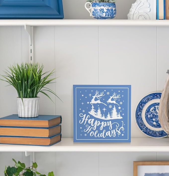 Happy Holiday Christmas Wooden Box Sign, Christmas Desk Decor, Farmhouse Christmas Trees Reindeer Snowflake Xmas Wood Signs for Home Office Table Shelf Decoration, 5x5 Inch(blue)