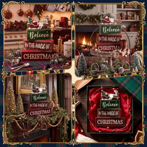 Moucuny 4 Pcs Tartan Plaid Christmas Table Decor, Santa Sleigh Wooden Signs - Image 5