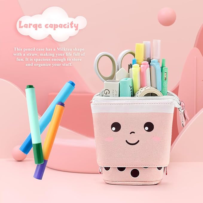 Cute Standing Pencil Case Pen Holder for Kids, Pop Up Stand UP Bubble Tea Pen Organizer Kawaii Stationary for Christmas Holiday New Year Office (Pink)