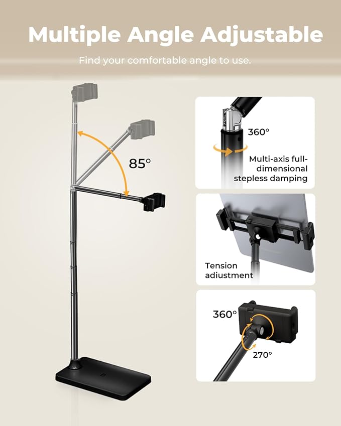Tablet Floor Stand, Adjustable iPad Holder for Bed & Sofa - 360° Rotating Long Arm, Height Adjustable from 13.5" to 60.3", Sturdy Metal Base for iPad, Tablet, Phone (4-13 Inch), Black