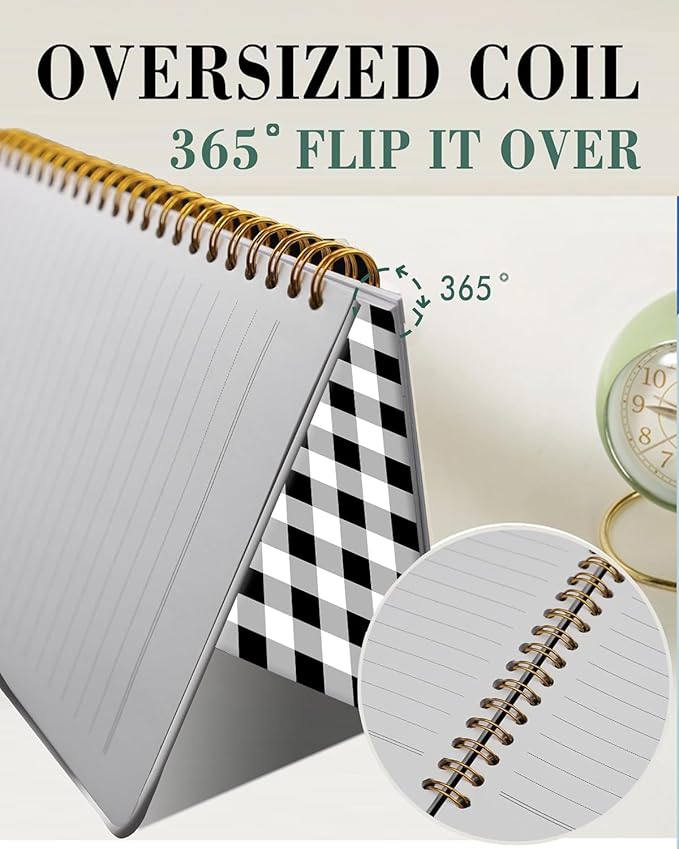 Spiral Journal Notebook,A5 Hardcover Lined Journals for Women 6 x 8.3 in,60 Sheets 120 Pages Thick Paper,Cute College Ruled Writing Notebook for Office Work School(Black White Check Lattice Plaid)