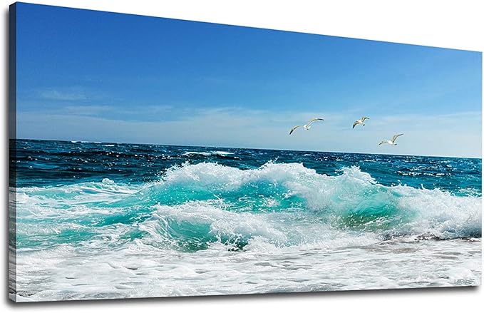 tigeridge Sea Beach Canvas Wall Art for Living Room Wall Decor Ocean Waves Canvas Pictures Blue Surfing Water Seagull Canvas Prints Artwork Office Home Wall Decorations Framed Ready to Hang 29" x 58"
