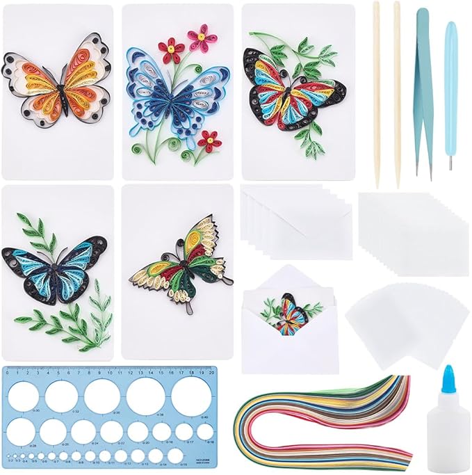 WEBEEDY 20 Sets DIY Butterfly Quilling Greeting Card Kit Paper Quilling Kit for Adults Beginners 5 Styles Butterfly Animal Greeting Card Making Kit with Instruction Birthday Thanksgiving Gift