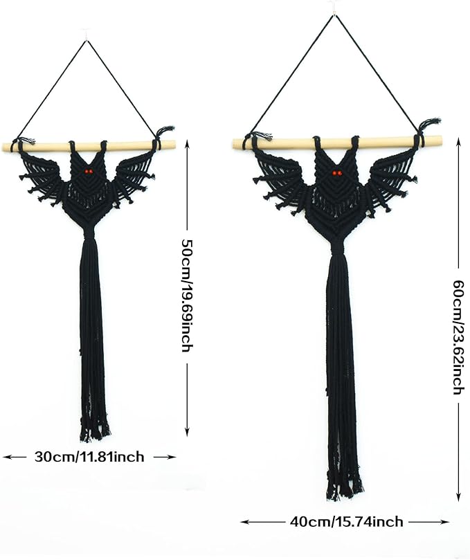 LB 2 Pcs Halloween Black Macrame Wall Hanging, Spooky Macrame Wall Art Black Bats Home Decor Gothic Horror Bat Design Woven Tapestry for Living Room Halloween Party Supplies Holiday Decor