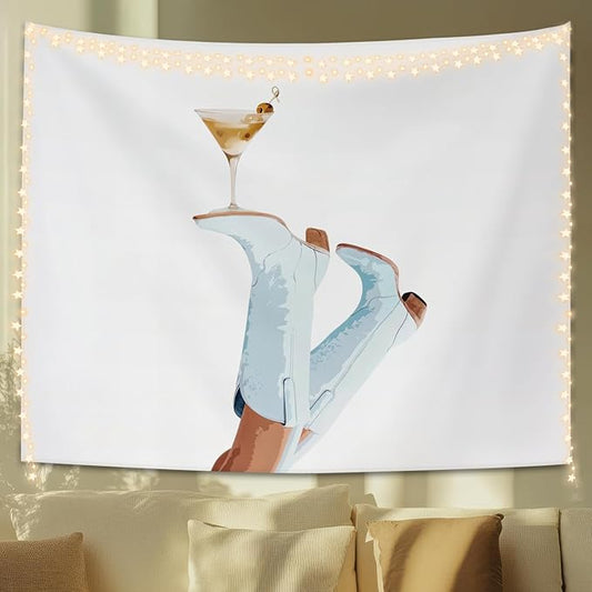STHTTSW Preppy Cowgirl Martini Tapestry, Blue Coastal Cowgirl Boot Tapestries Wall Blanket, Trendy Aesthetic Wall Hanging Decor for Teen Girl Women College Dorm Apartment Bedroom, 50x60 Inch