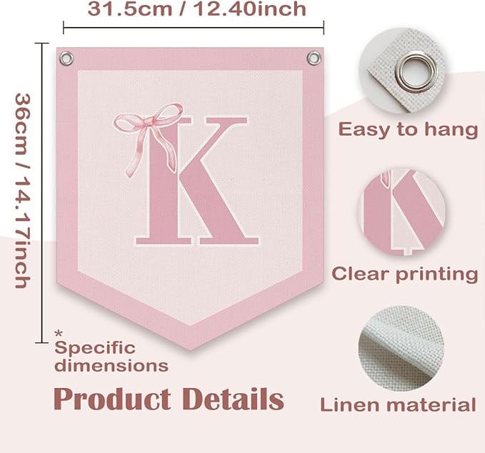 Lacama Initial Personalized Preppy Banner, Baby Shower Decor Girl Nursery Decor, Coquette Pink Bow Teen Girl Gifts, Vintage Room Toddler Room Bedroom Playroom Front Door Birthday Gift(K)