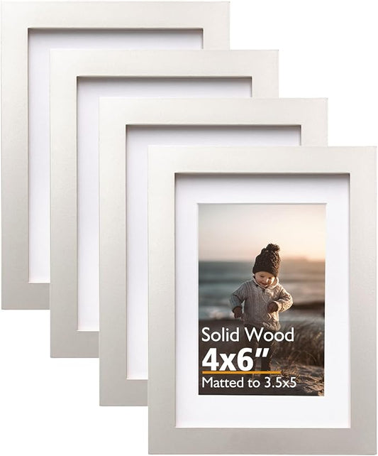 KINLINK 4x6 Frame Light Grey, Solid Wood 4 x 6 Picture Frame with Acrylic Plexiglass for 3.5x5 with Mat, Tabletop and Wall Display Photo Frames 4x6 Grey, 4 Pack