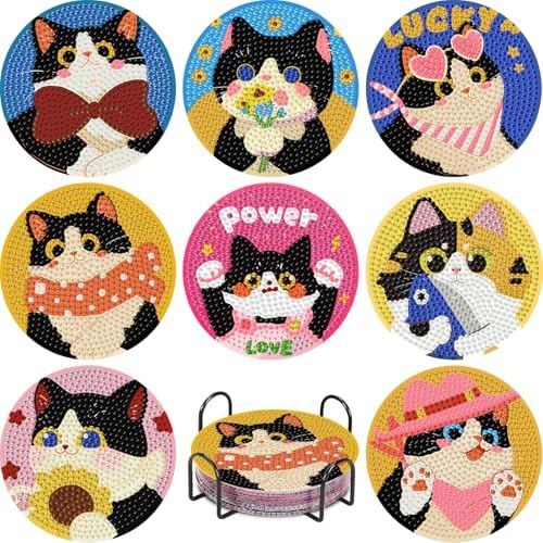 TCDZMYGS 8 Pcs Diamond Art Coasters Kit, Cute Cat Diamond Painting Coasters Kits for Adults, 5D Full Drill Diamond Dot Gem Art Craft Kit with Holder, Fun DIY Non Slip Coaster for Home Decor by TCDZMYGS