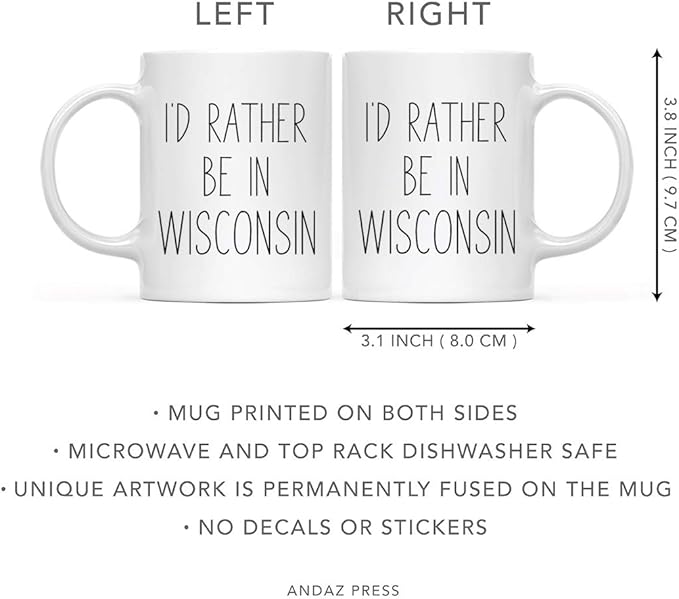 Andaz Press U.S. State 11oz. Coffee Mug Gift, I'd Rather Be in Wisconsin, 1-Pack, Long Distance College Going Away Study Abroad Birthday Christmas Gifts