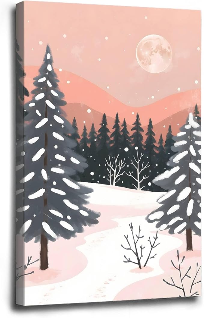 Framed Canvas Wall Art serene winter landscape art print Christmas snow cosy winter's day 16x24in Wood Framed