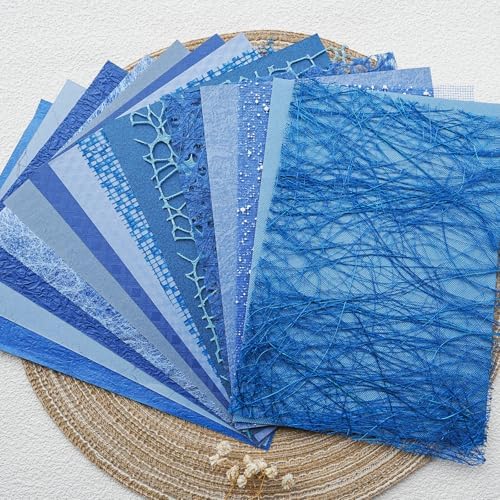 15-Piece Textured Scrapbook Paper & Mesh Fabric Set, A5 Blue Sheets - Image 2