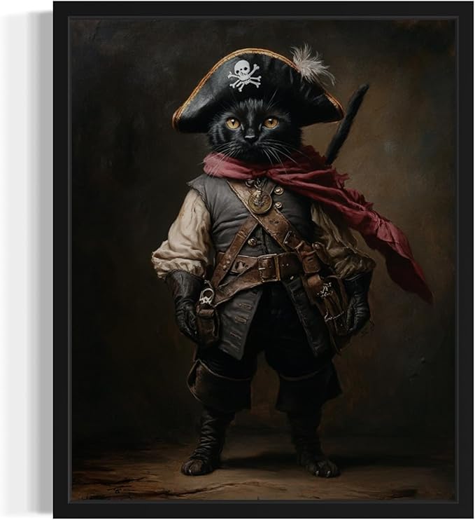 Pirate Art Poster Print, Cat Kitten Painting Humor Portrait Pet Artwork Decor Gallery A8 (Pirate Cat, 16 x 20 inches, Black Frame)