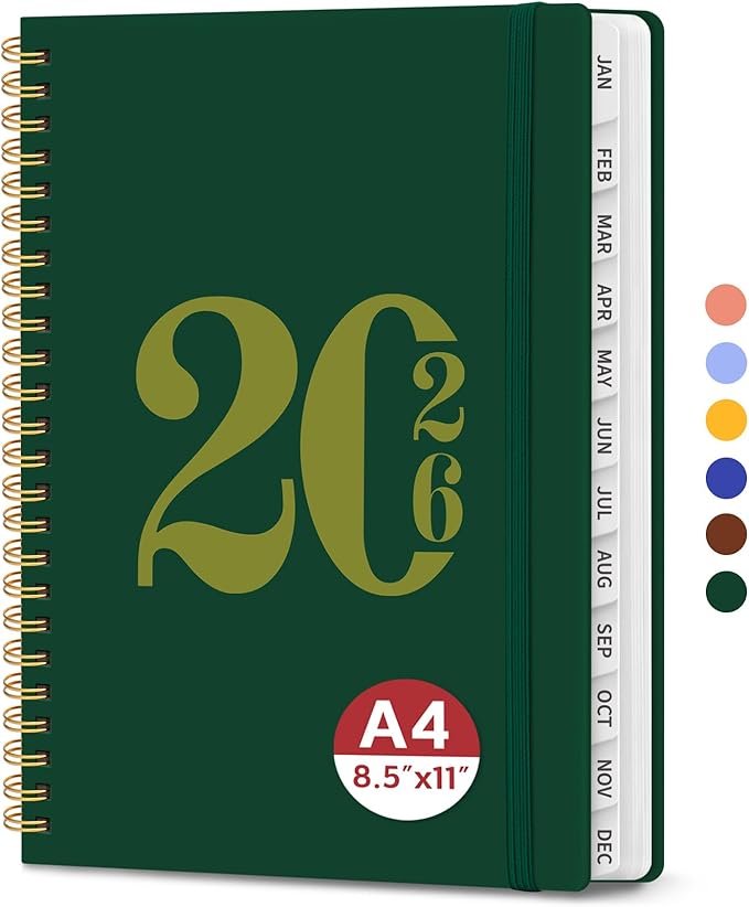 2026 Planner, Monthly and Weekly Calendar Planner for Women, Jan 2026 - Dec 2026, Hardcover Pretty 2026 Agenda Planner Book with Tabs, Spiral Bound, Perfect for School Office Home Supplies, 8.5" x 11" - Dark Green