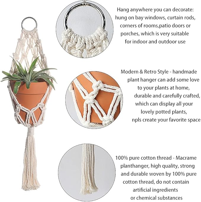 Artilady Boho Macrame Plant Hangers - Handmade Hemp Rope Hanging Baskets for Indoor Plants with Ceiling Hooks, Bohemian Home Decor Outdoor Wall Art