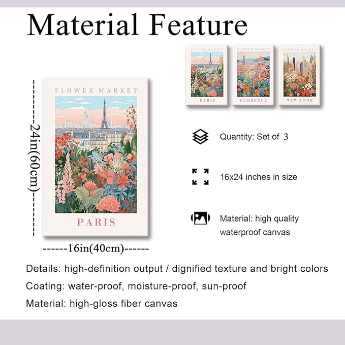 XLARTMY Flower Market Wall Art Prints Canvas Orange and Pink Floral Paintings Colorful Botanical Travel Flower Posters for Home Decor Pictures Set of 3 for Living Room Bedroom 16x24in