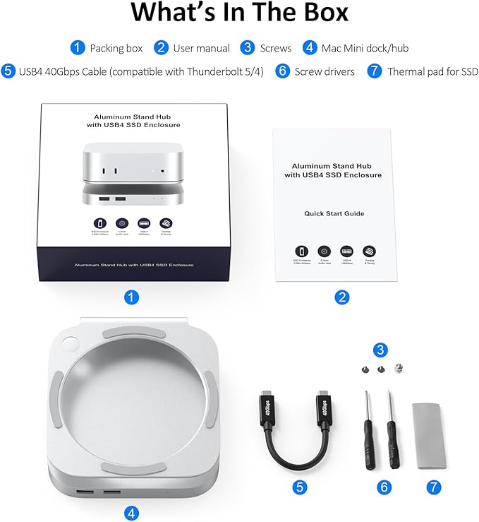 40Gbps USB4 Hub & Stand for Mac mini M4/M4 Pro, All-Aluminum Docking Station with 40Gbps M.2 SSD (NVMe PCle) Enclosure, 3*USB 2.0, 3.5mm Audio, USB4 Host | Mac mini M4 USB-4 Dock