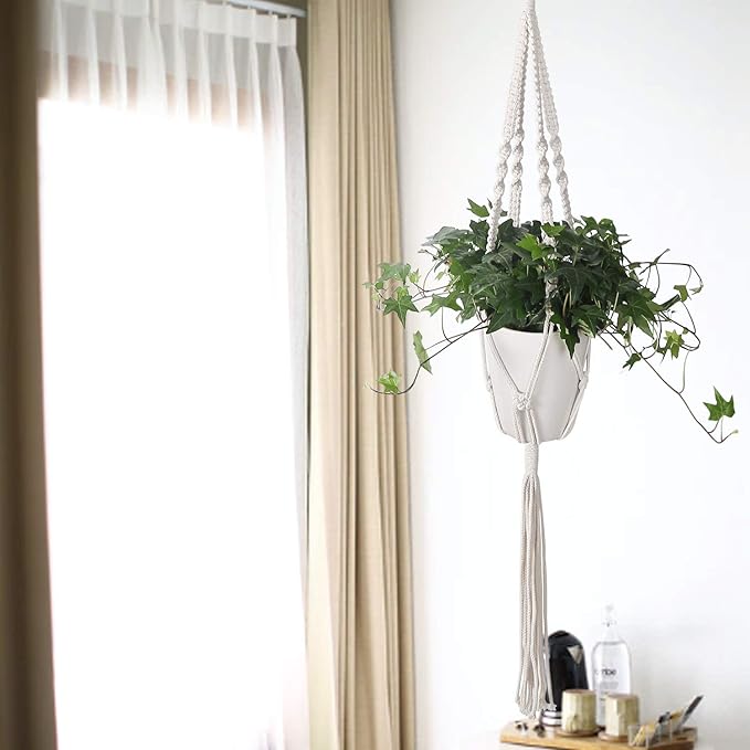 Flexzion Hanging Macrame Plant Holder - 4-Set Pot Hangers for Plants, Boho Hanging Planters for Indoor Use, Handwoven Cotton Rope Plant Hanger Set with C & S Hooks (Plant & Pot Not Included)