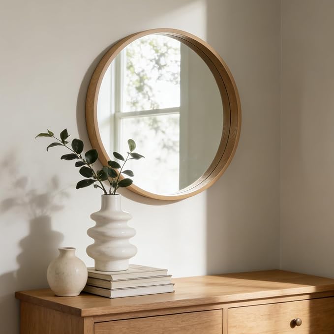 WallBeyond 24 Inch Natural Round Wood Mirror, Circle Wooden Frame Wall Mirror for Bathroom, Living Room, Bedroom, Entryway