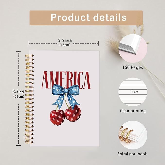 MOFUYU Bible Notebook,Prayer Journal,Cherry Notebook,God Bless America Notes Journal,4th of July,Bible Supplies Hardcover Spiral Notebook,Christian Journals for Women 5.5x8.3 Inch