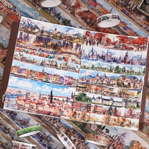 32 Rolls Vintage Washi Tape Set, European Cityscapes with Architectures & Scenery, Writable Decorative Tapes for Scrapbooking, Junk Journal Bullet Journal Supplies 8-50mm Wide, Artistic Adhesive Tape - Image 7