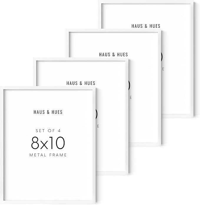 HAUS AND HUES 8x10 White Aluminum Frame Set of 4 - Modern Gallery Pack, Shatterproof Plexiglass (White Aluminum Frames)