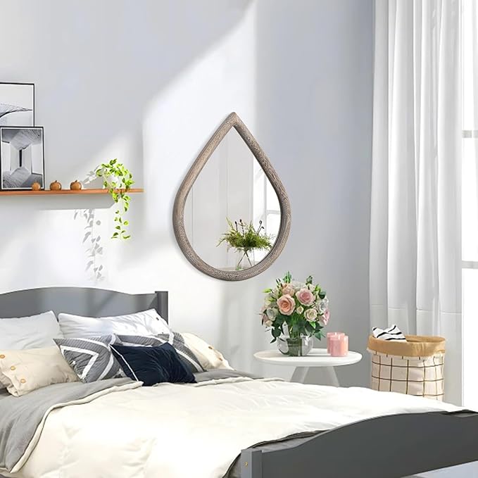 Teardrop Wall Mirror with Wood Framed Farmhouse Wall Hanging Mirrors for Wall Decor Irregular Decorative Mirror for Bedroom Living Room Bathroom 16x20 Inches