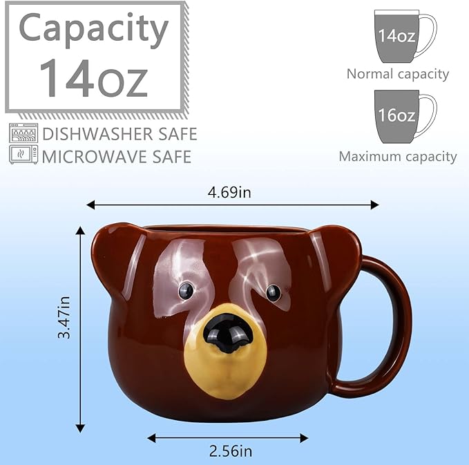 Bear Mug 14 oz Ceramic Coffee Mug 3D Porcelain Tea Cup for Women & Men - Kawaii Bear Gifts for Christmas, Housewarming, Birthday - Brown