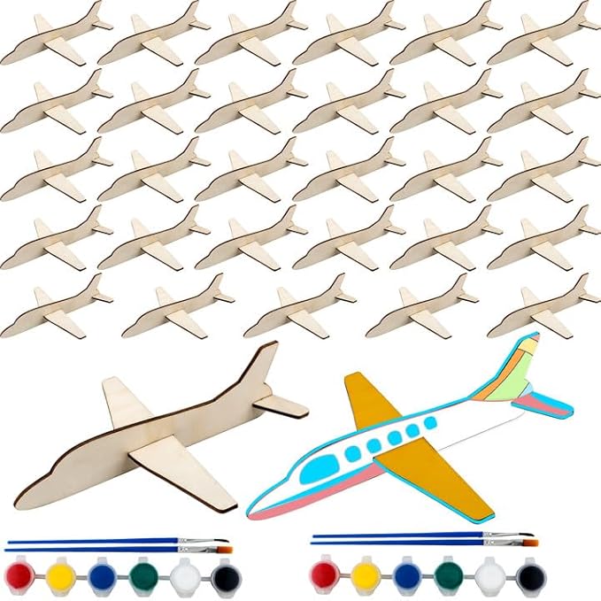 30 Pcs Unfinished Wooden Airplane Craft for Kids with Painting Tools DIY 3D Airplane kit Wood Planes Handicraft for Kids School Art Craft Projects Activity Gifts