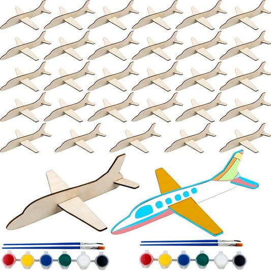 30 Pcs Unfinished Wooden Airplane Craft for Kids with Painting Tools DIY 3D Airplane kit Wood Planes Handicraft for Kids School Art Craft Projects Activity Gifts