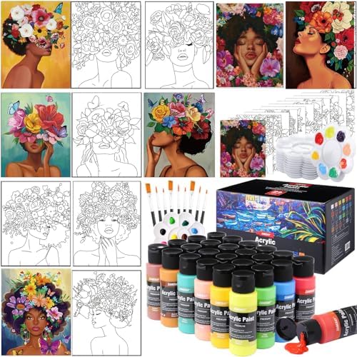 Ctosree 12 Set Paint and Sip Kit for Adults 8"x 10" Pre Drawn Canvas for Painting DlY Acrylic Paint Set with Brushes, 24 Colors(60ml, 2oz) for Date Night Party Supplies by Ctosree
