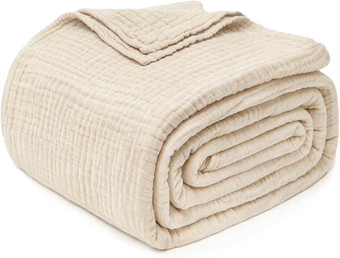Joydeco 100% Cotton Muslin Throw Blanket for Couch Bed and Sofa, 4-Layer Lightweight and Breathable Soft Gauze Blanket for All Season, Luxury Throws Cotton Blanket Gift(Light Tan, 90"x90")
