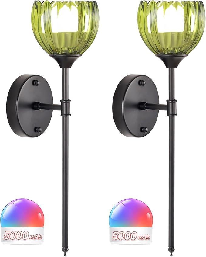Battery Operated Wall Sconce Set of 2, Green Tulip Vintage Wall Light Fixture Rechargeable 5000mAh Battery Powered Wall Lamp with Remote for Living Room Bathroom, Black