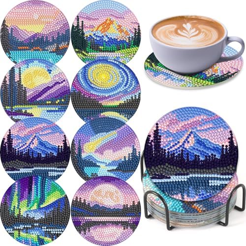 UPINS 8 Pcs Diamond Art Painting Coasters with Holder,Landscape DIY Diamond Art Paintings Coaster Kits Drink Coasters for Birthday Presents Beginners Craft Supplies Adults by UPINS