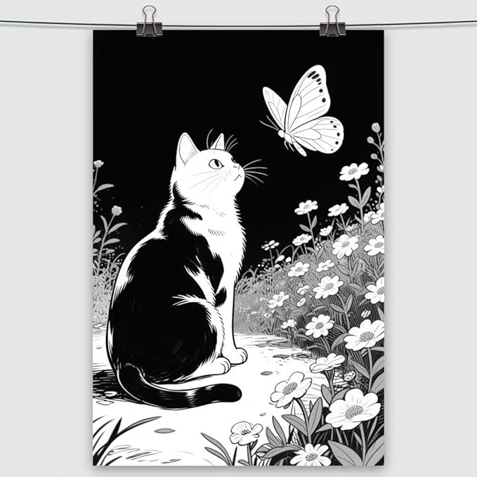 Cats Butterflies in Flowers Canvas Poster Vintage Minimalist Nature Wall Art Trendy Black White Aesthetic Painting Prints Modern Animal Home Decor for Bedroom Living Room 16x24inch Unframed