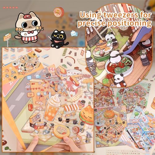 Girls 3D Miniature Scene Stickers, 4 Sets Mini Stores DIY House Stickers for Burger, Hot Pot, Convenience Store, Breakfast, Cute 3D Cartoon Scene Stickers for Adult Kids Relief Stress Pass The Time - Image 4