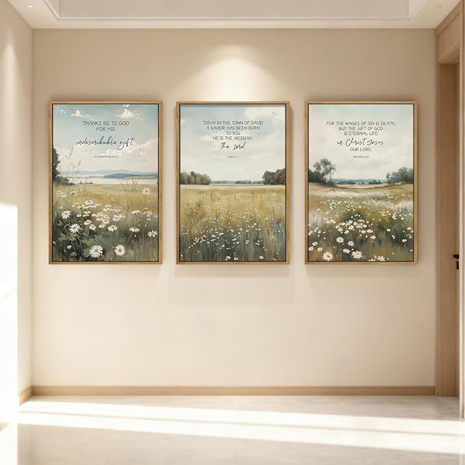 Anyzal Christian Jesus Wall Art Large Bible Artwork Scripture Wildflower Wall Decor for Living Room Bedroom Dining Room 24x36 Inch Set of 3