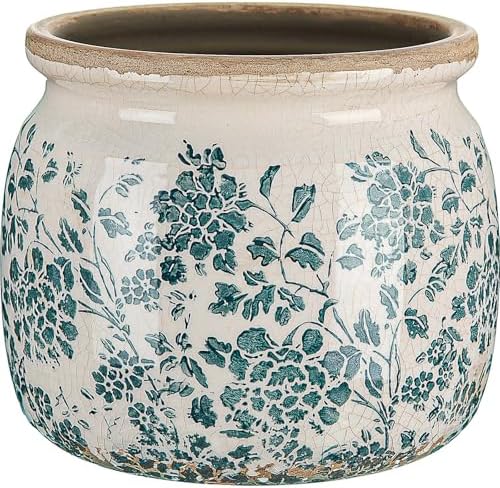 5.9'' Vintage Ceramic Planter, Ice Crack Glaze Teal Floral Pot by Unknown